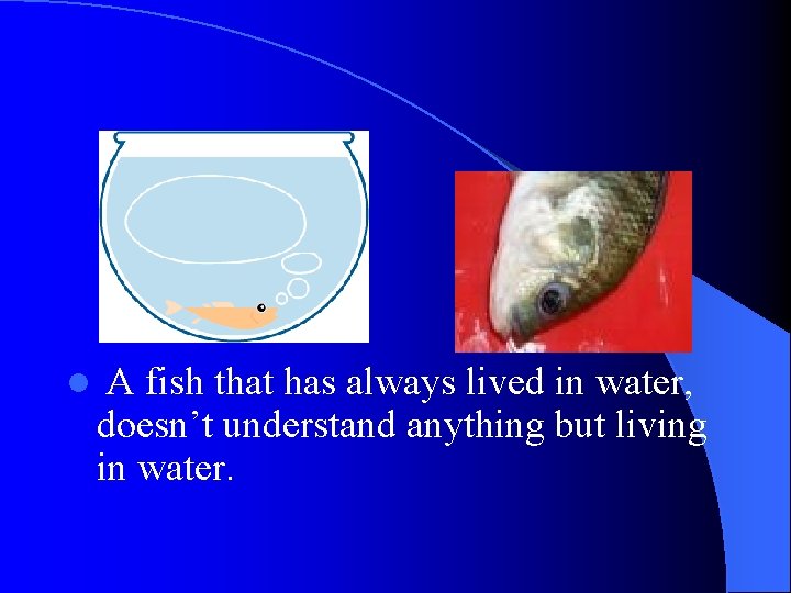 l A fish that has always lived in water, doesn’t understand anything but living