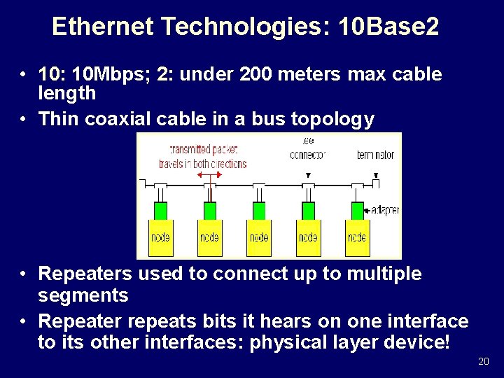 Ethernet Technologies: 10 Base 2 • 10: 10 Mbps; 2: under 200 meters max
