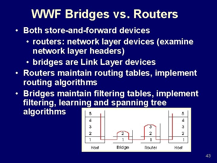 WWF Bridges vs. Routers • Both store-and-forward devices • routers: network layer devices (examine