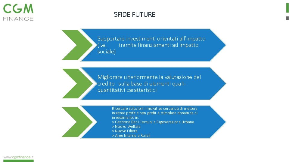 SFIDE FUTURE Supportare investimenti orientati all’impatto (i. e. tramite finanziamenti ad impatto sociale) Migliorare