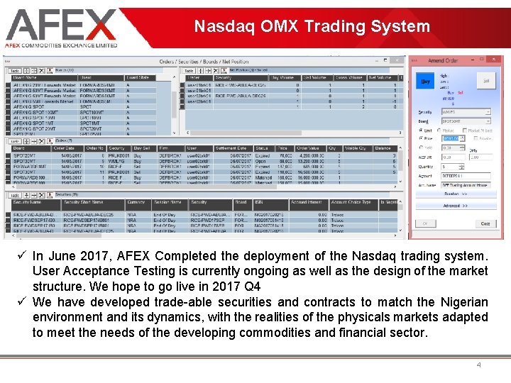 Nasdaq OMX Trading System ü In June 2017, AFEX Completed the deployment of the