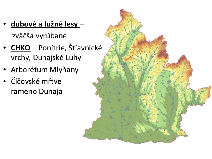  • dubové a lužné lesy – zväčša vyrúbané • CHKO – Ponitrie, Štiavnické