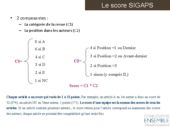 Le score SIGAPS • 2 composantes : – La catégorie de la revue (C