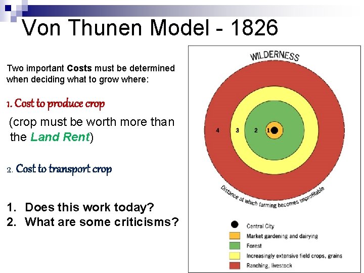 Von Thunen Model - 1826 Two important Costs must be determined when deciding what