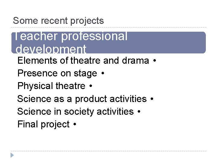 Some recent projects Teacher professional development Elements of theatre and drama • Presence on
