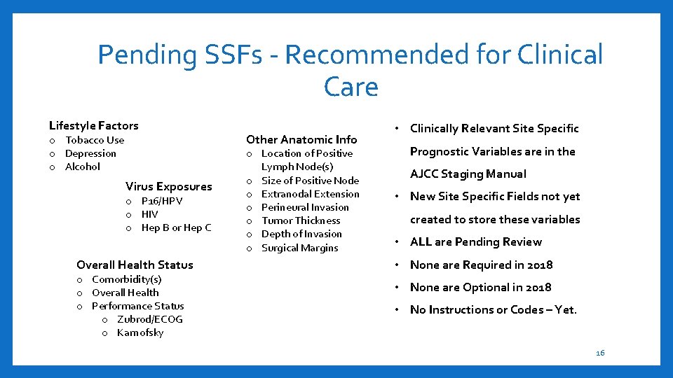 Pending SSFs - Recommended for Clinical Care Lifestyle Factors o Tobacco Use o Depression