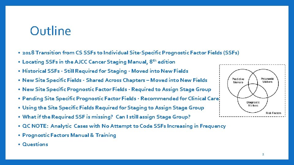 Outline • 2018 Transition from CS SSFs to Individual Site-Specific Prognostic Factor Fields (SSFs)