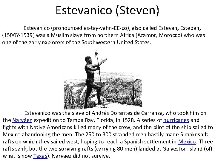 Estevanico (Steven) Estevanico (pronounced es-tay-vahn-EE-co), also called Estevan, Esteban, (1500? -1539) was a Muslim