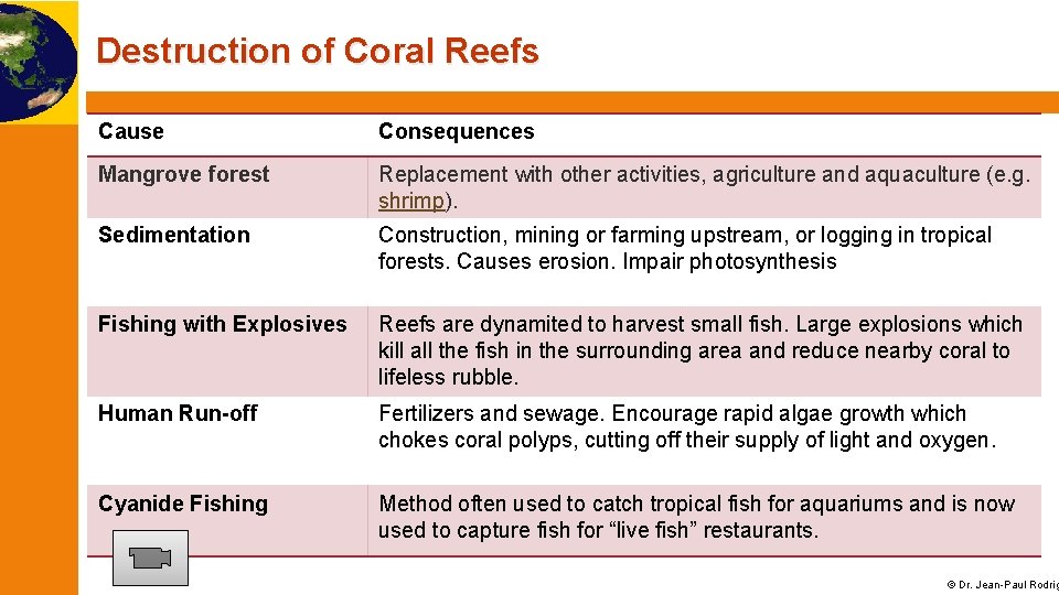 Destruction of Coral Reefs Cause Consequences Mangrove forest Replacement with other activities, agriculture and