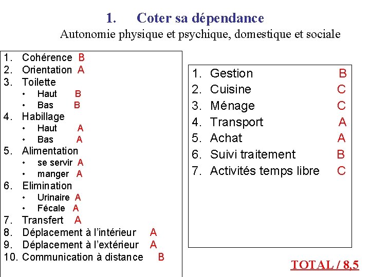 1. Coter sa dépendance Autonomie physique et psychique, domestique et sociale 1. Cohérence B