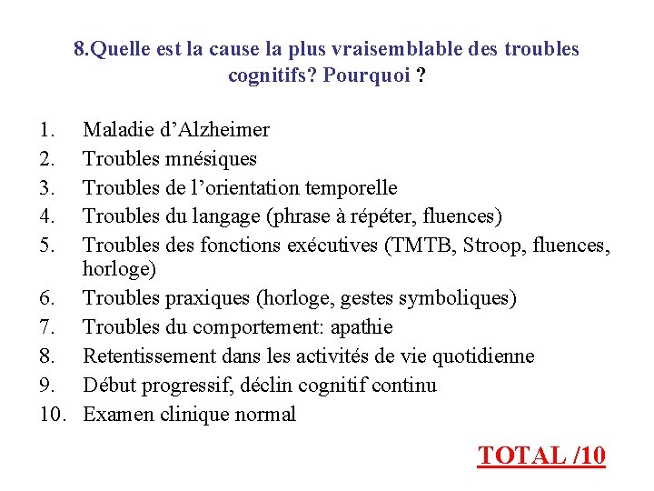 8. Quelle est la cause la plus vraisemblable des troubles cognitifs? Pourquoi ? 1.