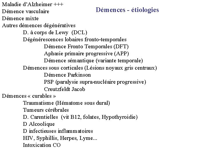 Maladie d’Alzheimer +++ Démences - étiologies Démence vasculaire Démence mixte Autres démences dégénératives D.