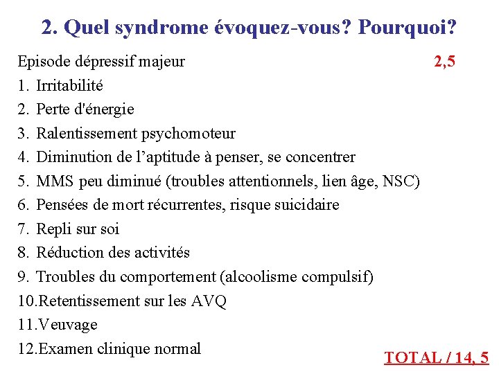 2. Quel syndrome évoquez-vous? Pourquoi? Episode dépressif majeur 2, 5 1. Irritabilité 2. Perte