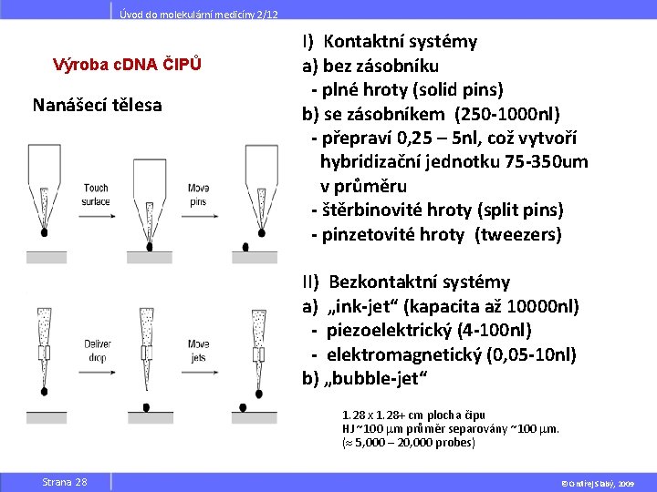 Úvod do molekulární medicíny 2/12 Výroba c. DNA ČIPŮ Nanášecí tělesa I) Kontaktní systémy