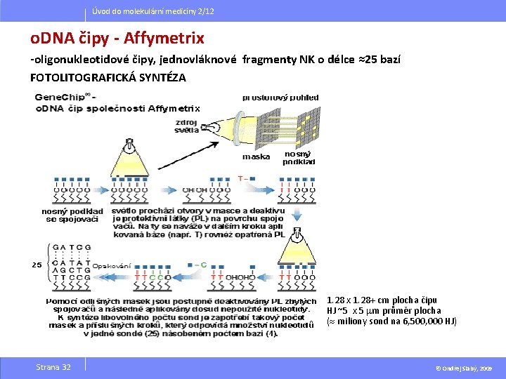 Úvod do molekulární medicíny 2/12 o. DNA čipy - Affymetrix -oligonukleotidové čipy, jednovláknové fragmenty