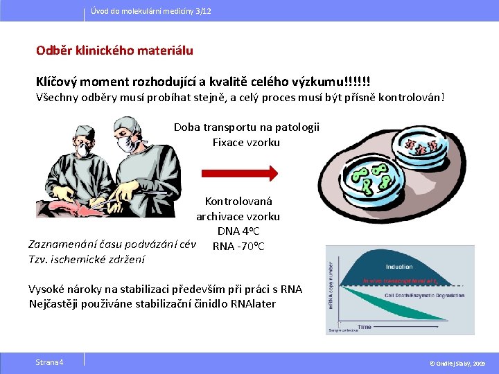 Úvod do molekulární medicíny 3/12 Odběr klinického materiálu Klíčový moment rozhodující a kvalitě celého