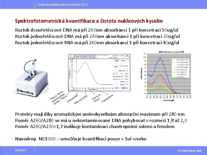 Úvod do molekulární medicíny 3/12 Spektrofotometrická kvantifikace a čistota nukleových kyselin Roztok dvouřetězcové DNA