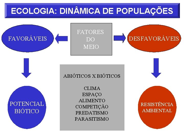 ECOLOGIA: DIN MICA DE POPULAÇÕES FAVORÁVEIS FATORES DO MEIO DESFAVORÁVEIS ABIÓTICOS X BIÓTICOS POTENCIAL