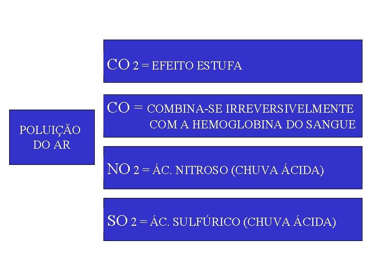 CO 2 = EFEITO ESTUFA CO = COMBINA-SE IRREVERSIVELMENTE POLUIÇÃO DO AR COM A