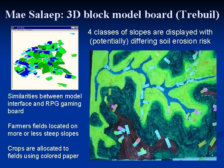 Mae Salaep: 3 D block model board (Trebuil) 4 classes of slopes are displayed