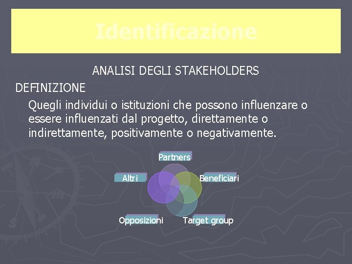 Identificazione ANALISI DEGLI STAKEHOLDERS DEFINIZIONE Quegli individui o istituzioni che possono influenzare o essere