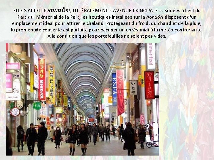 ELLE S'APPELLE HONDÔRI, LITTÉRALEMENT « AVENUE PRINCIPALE » . Situées à l'est du Parc