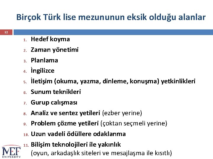 Birçok Türk lise mezununun eksik olduğu alanlar 12 Hedef koyma 2. Zaman yönetimi 3.