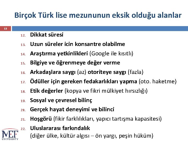 Birçok Türk lise mezununun eksik olduğu alanlar 13 12. 13. 14. 15. 16. 17.