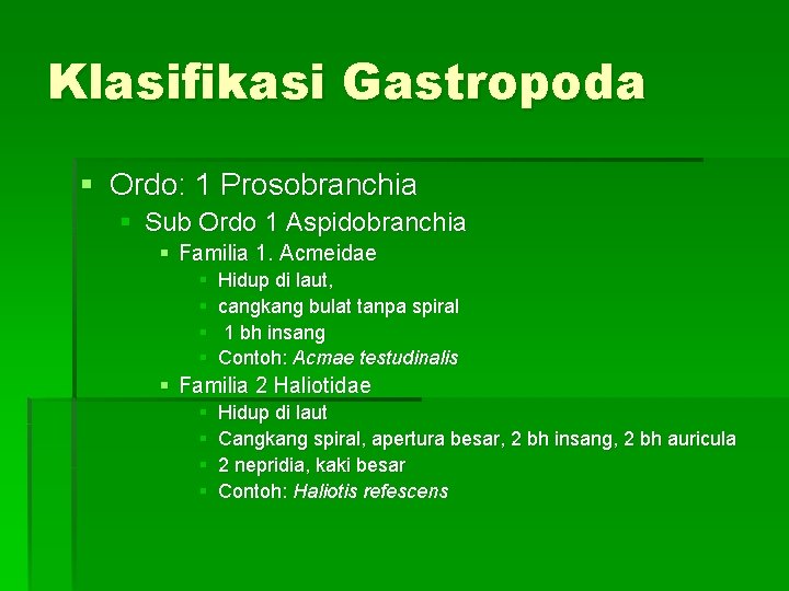 Klasifikasi Gastropoda § Ordo: 1 Prosobranchia § Sub Ordo 1 Aspidobranchia § Familia 1.