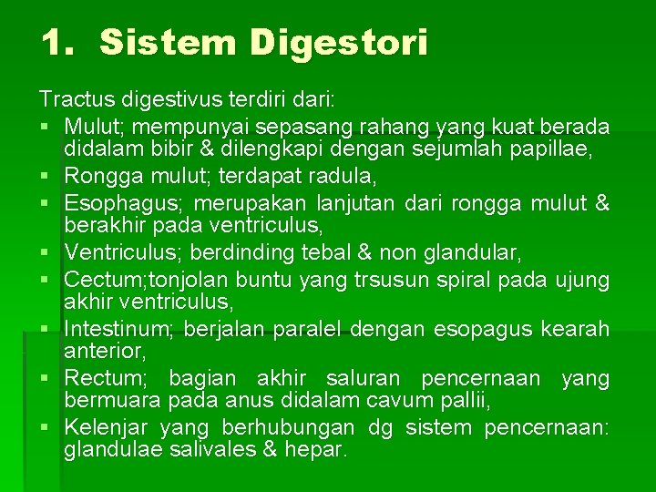 1. Sistem Digestori Tractus digestivus terdiri dari: § Mulut; mempunyai sepasang rahang yang kuat