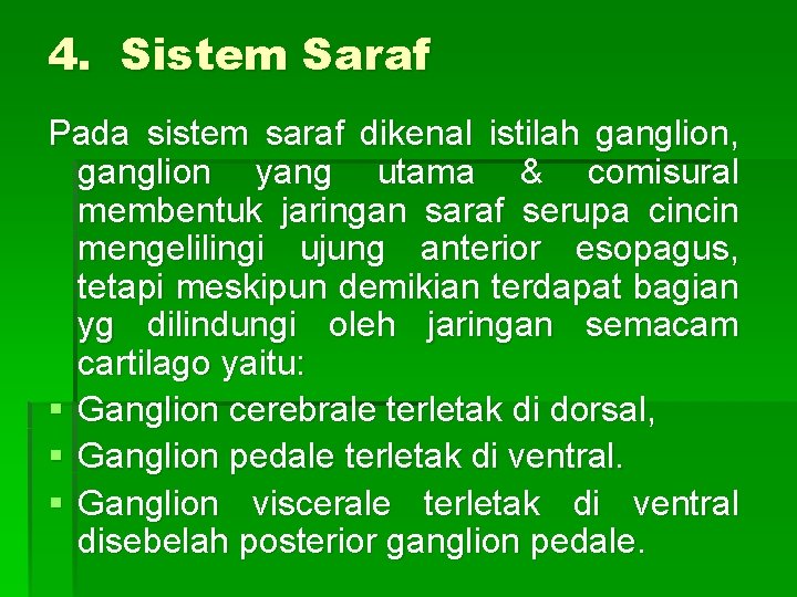 4. Sistem Saraf Pada sistem saraf dikenal istilah ganglion, ganglion yang utama & comisural