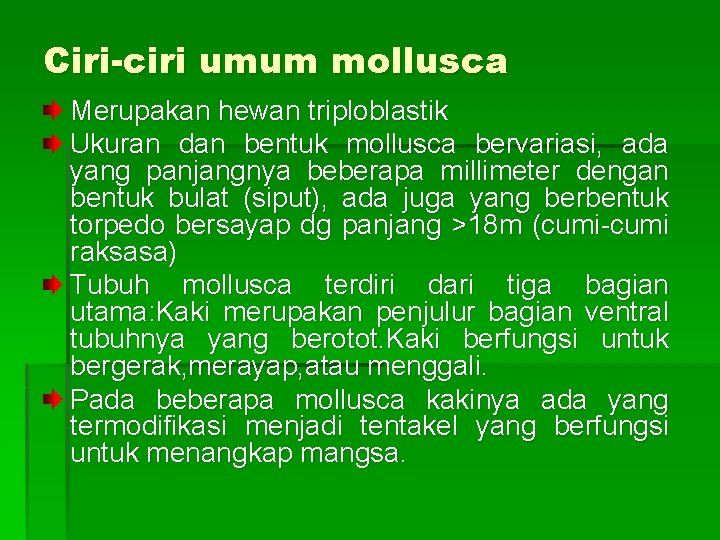 Ciri-ciri umum mollusca Merupakan hewan triploblastik Ukuran dan bentuk mollusca bervariasi, ada yang panjangnya