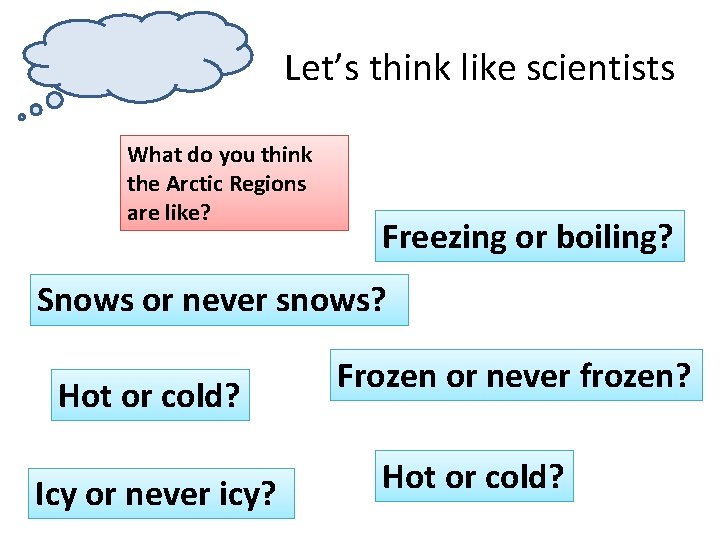 Let’s think like scientists What do you think the Arctic Regions are like? Freezing