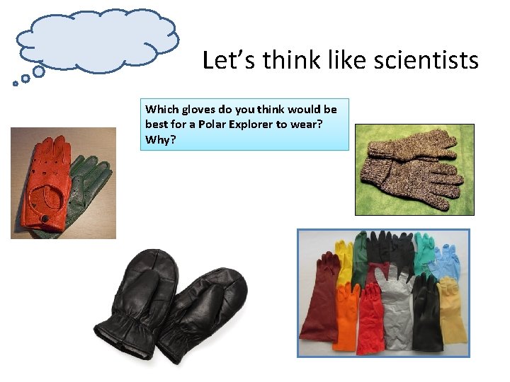 Let’s think like scientists Which gloves do you think would be best for a