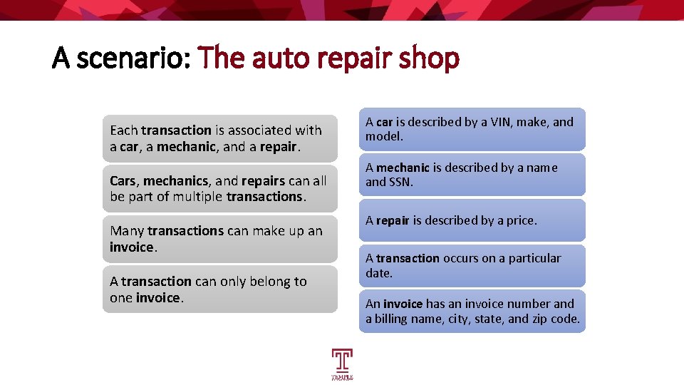 A scenario: The auto repair shop Each transaction is associated with a car, a