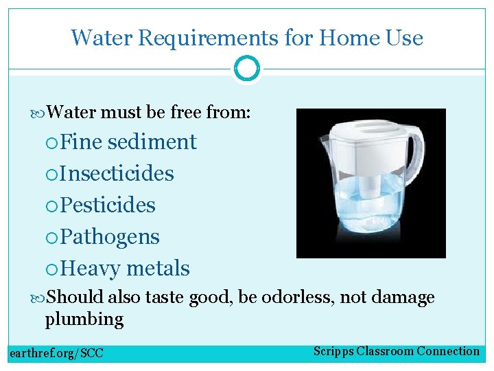 Water Requirements for Home Use Water must be free from: Fine sediment Insecticides Pesticides