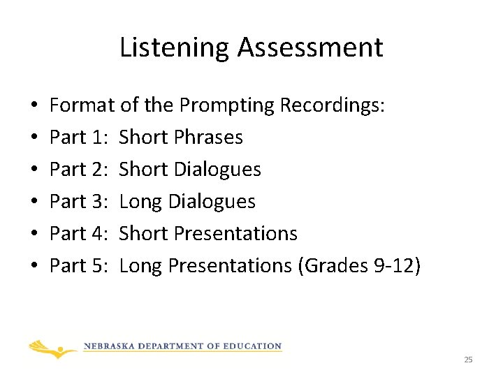 Listening Assessment • • • Format of the Prompting Recordings: Part 1: Short Phrases