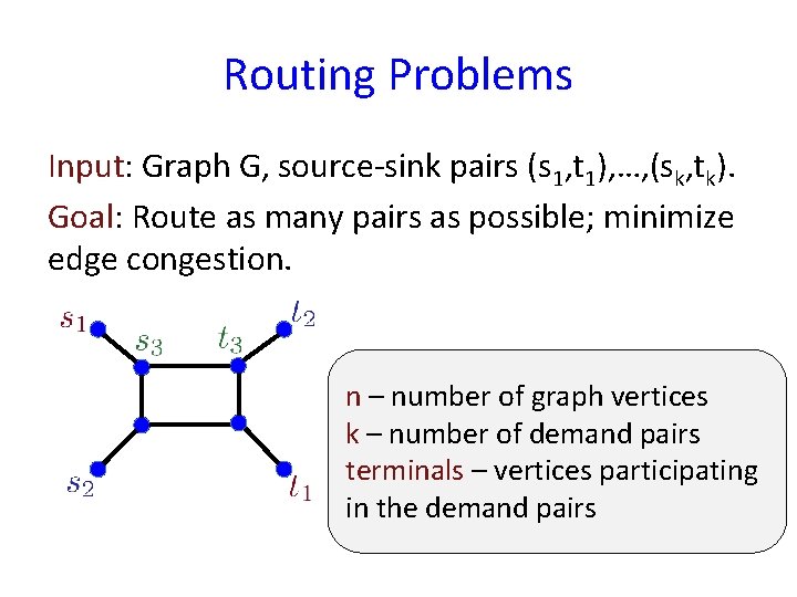 Routing Problems Input: Graph G, source-sink pairs (s 1, t 1), …, (sk, tk).