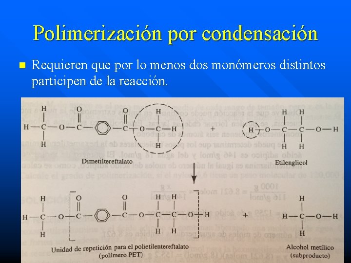 Polimerización por condensación n Requieren que por lo menos dos monómeros distintos participen de