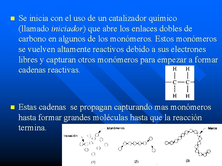 n Se inicia con el uso de un catalizador químico (llamado iniciador) que abre n Se inicia con el uso de un catalizador químico (llamado iniciador) que abre