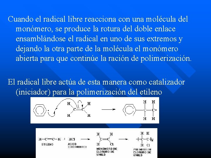 Cuando el radical libre reacciona con una molécula del monómero, se produce la rotura