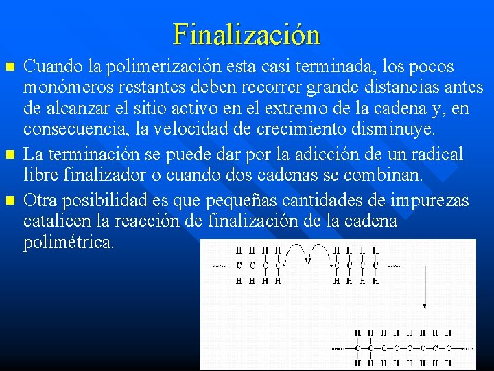 Finalización n Cuando la polimerización esta casi terminada, los pocos monómeros restantes deben recorrer Finalización n Cuando la polimerización esta casi terminada, los pocos monómeros restantes deben recorrer