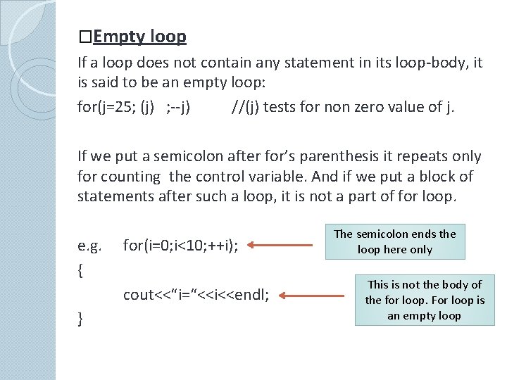 �Empty loop If a loop does not contain any statement in its loop-body, it