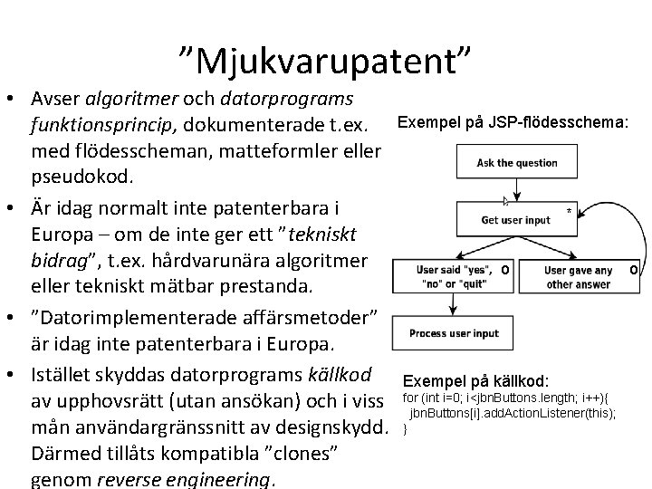 ”Mjukvarupatent” • Avser algoritmer och datorprograms funktionsprincip, dokumenterade t. ex. Exempel på JSP-flödesschema: med