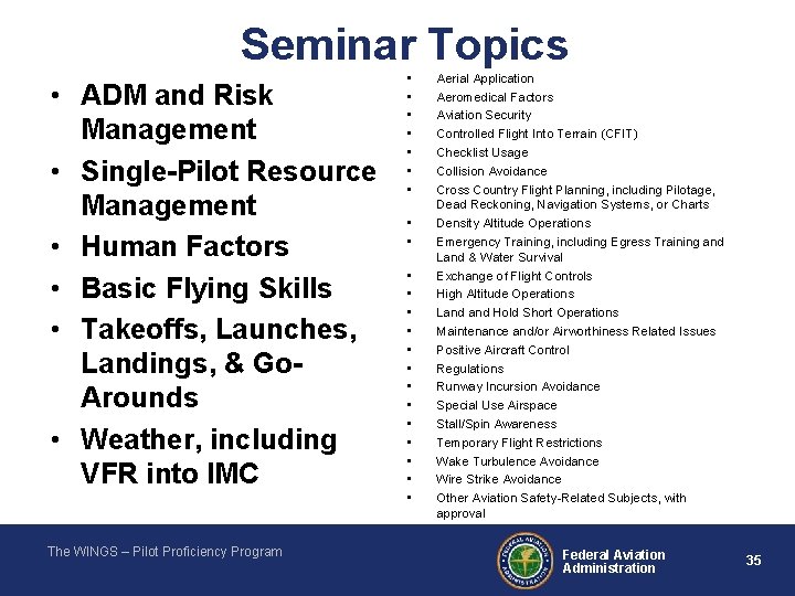 Seminar Topics • ADM and Risk Management • Single-Pilot Resource Management • Human Factors