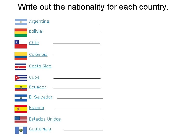 Write out the nationality for each country. 