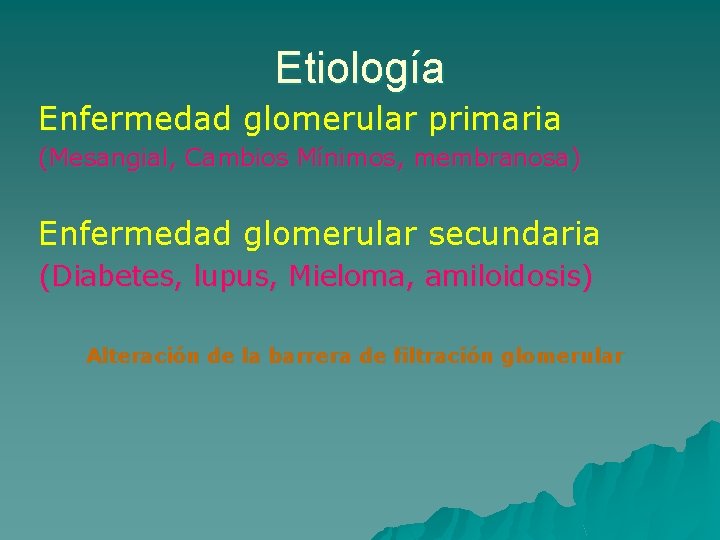 Etiología Enfermedad glomerular primaria (Mesangial, Cambios Mínimos, membranosa) Enfermedad glomerular secundaria (Diabetes, lupus, Mieloma,