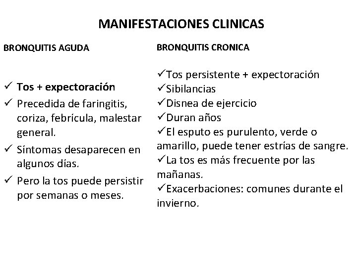 MANIFESTACIONES CLINICAS BRONQUITIS AGUDA ü ü BRONQUITIS CRONICA üTos persistente + expectoración Tos +