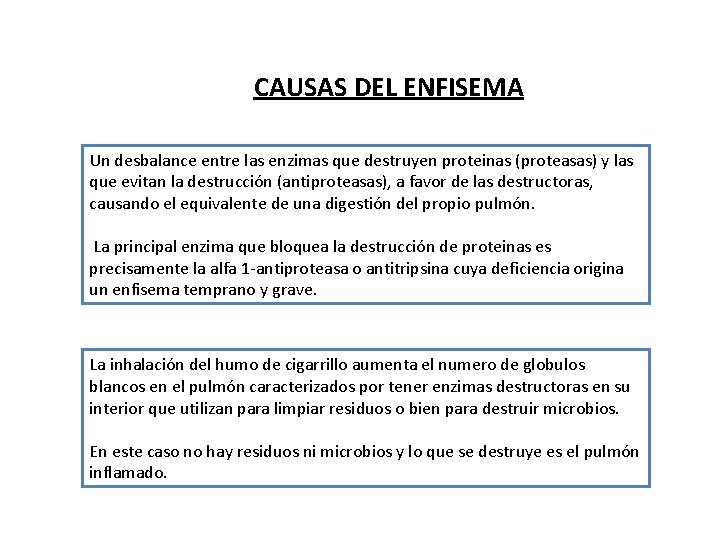 CAUSAS DEL ENFISEMA Un desbalance entre las enzimas que destruyen proteinas (proteasas) y las