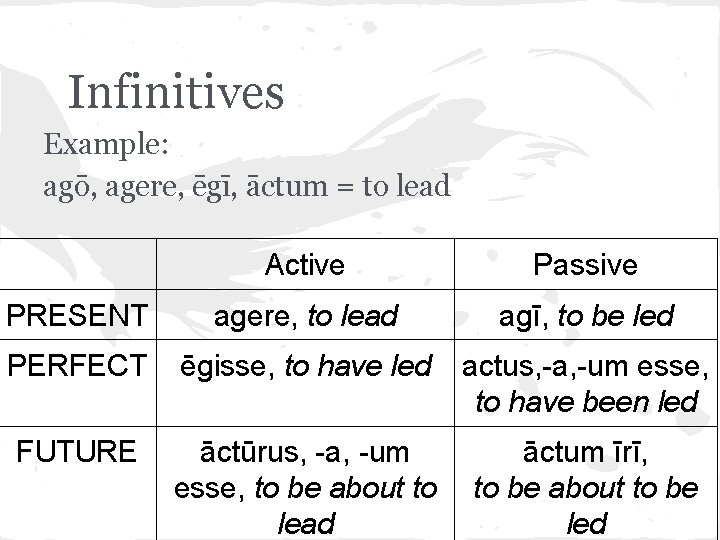 Infinitives Example: agō, agere, ēgī, āctum = to lead Active Passive PRESENT agere, to